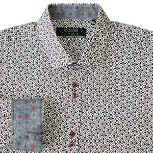 Coogi Luxe Cotton Geometric Print Button Up Flip Cuff Shirt Men 2XL White Multi